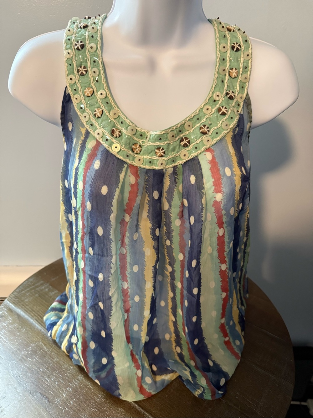 Embellished Scoop Neck Multicolor Stripe Tank Top